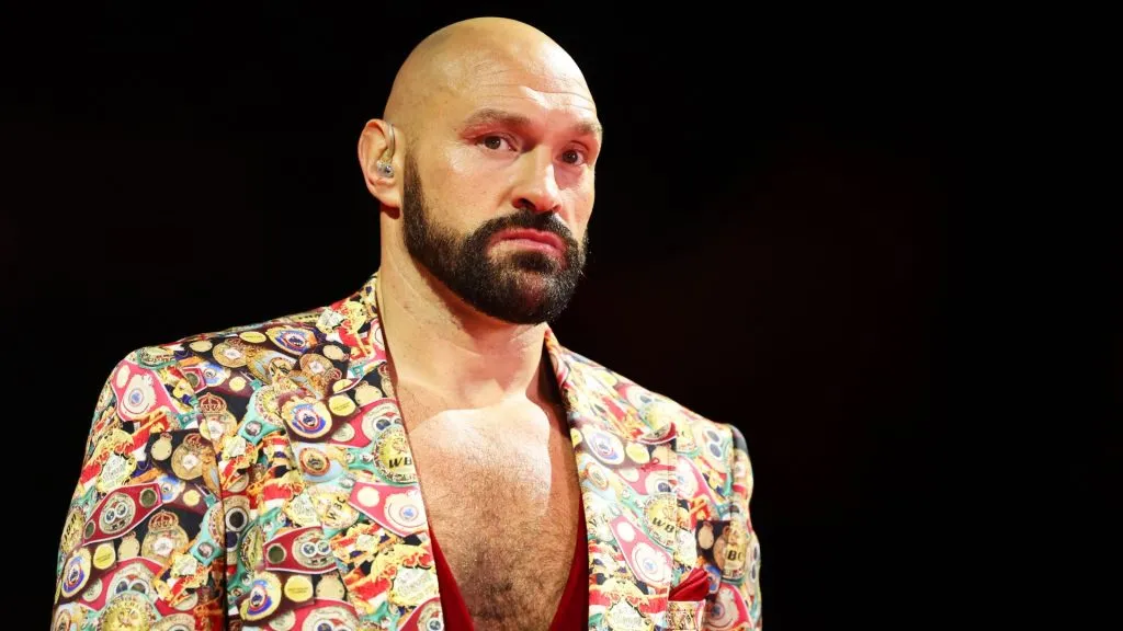 Tyson Fury looks as he is interviewed by DAZN on the Knockout Chaos boxing card at the Kingdom Arena on March 08, 2024. (Source: Richard Pelham/Getty Images)