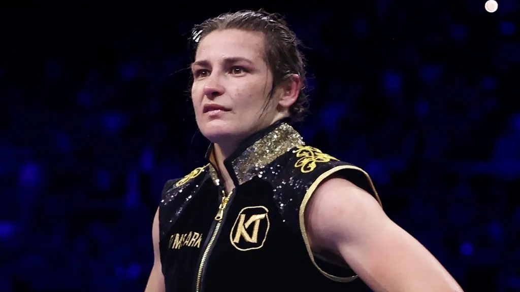 Katie Taylor looks dejected following defeat to Chantelle Cameron during the IBF, IBO, WBA, WBC and WBO World Super Lightweight Title in 2023. (Source: James Chance/Getty Images)