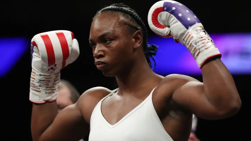 Claressa Shields looks on ahead of the IBF, WBA, WBC, WBO World Middleweight Title fight between Claressa Shields and Savannah Marshall in 2022. (Source: James Chance/Getty Images)