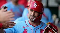Paul Goldschmidt #46 of the St. Louis Cardinals celebrates his two-run home run with teammates in the second inning against the Kansas City Royals at Kauffman Stadium on August 10, 2024 in Kansas City, Missouri.