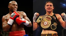 Floyd Mayweather Jr. smiles in the ring during his fight against Juan Manuel Marquez — Katie Taylor celebrates victory after the WBA Lightweight World Championship contest.