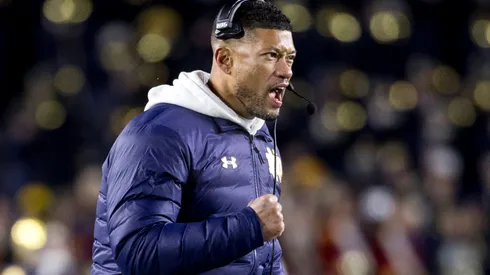 Notre Dame head coach Marcus Freeman reacts to touchdown during NCAA, College League, USA football game action between the Indiana Hoosiers and the Notre Dame Fighting Irish at Notre Dame Stadium in South Bend, Indiana.