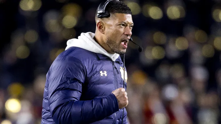 Notre Dame head coach Marcus Freeman reacts to touchdown during NCAA, College League, USA football game action between the Indiana Hoosiers and the Notre Dame Fighting Irish at Notre Dame Stadium in South Bend, Indiana.