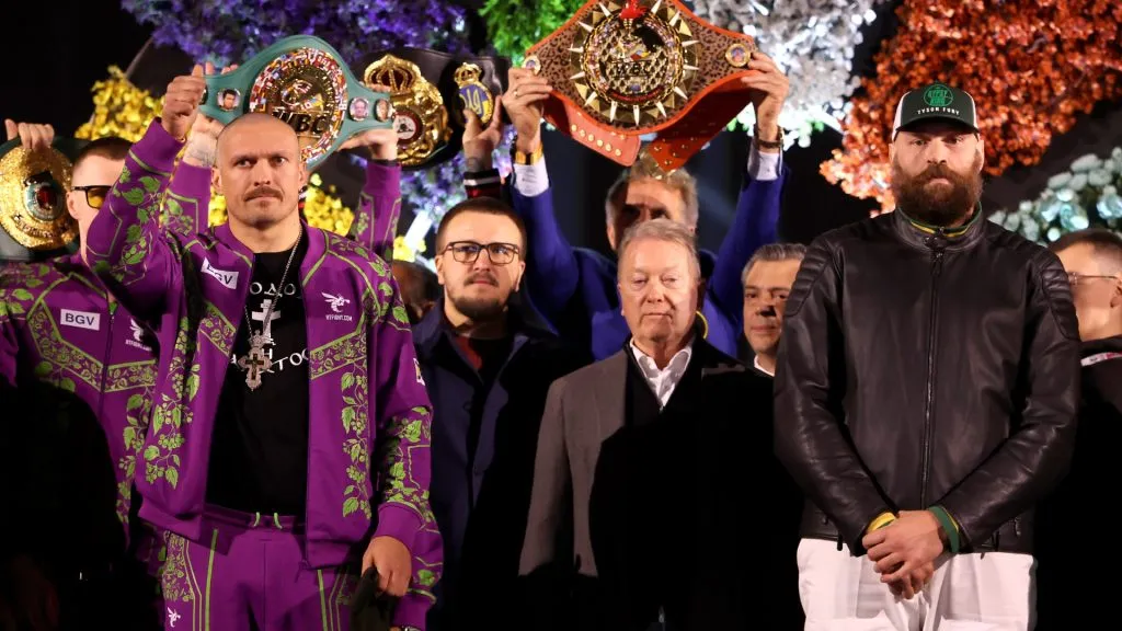Oleksandr Usyk and Tyson Fury 2 pose for a photo during the weigh-in as part of Oleksandr Usyk v Tyson Fury 2 at on December 20, 2024 in Riyadh, . (Photo by Richard Pelham/Getty Images)