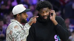 Paul George of the Philadelphia 76ers talks to Joel Embiid