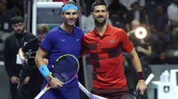 Rafael Nadal of Spain (left) and Novak Djokovic of Serbia, pose for a photo ahead of their Men's Singles Third Place Playoff match on day three of the Six Kings Slam 2024.