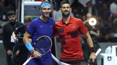 Rafael Nadal of Spain (left) and Novak Djokovic of Serbia, pose for a photo ahead of their Men's Singles Third Place Playoff match on day three of the Six Kings Slam 2024.