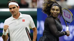 Roger Federer celebrates after winning the first set in his Men's Singles Fourth Round match in 2021 — Serena Williams reacts against Ajla Tomlijanovic of Australia during their Women's Singles Third Round match in 2022.