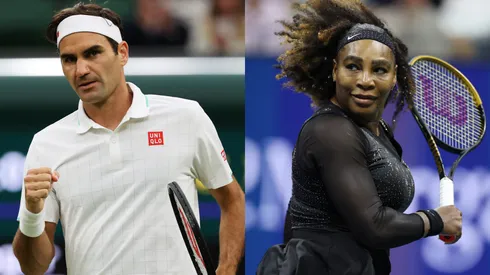 Roger Federer celebrates after winning the first set in his Men's Singles Fourth Round match in 2021 — Serena Williams reacts against Ajla Tomlijanovic of Australia during their Women's Singles Third Round match in 2022.