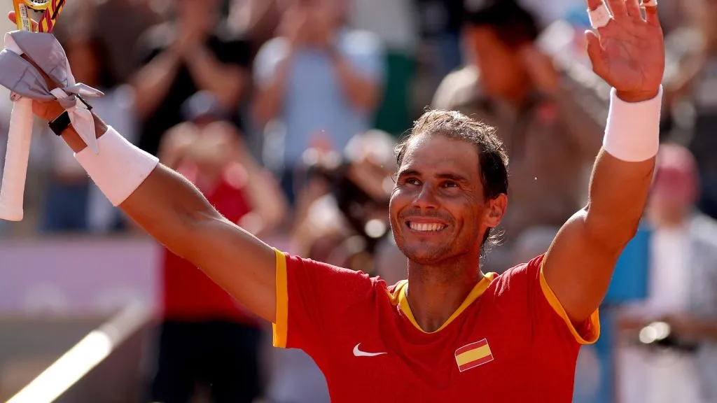 Rafael Nadal celebrates after winning match point against Marton Fucsovics of Team Hungary during the Men’s Singles first round match on day two of the Olympic Games Paris 2024. (Source: Clive Brunskill/Getty Images)