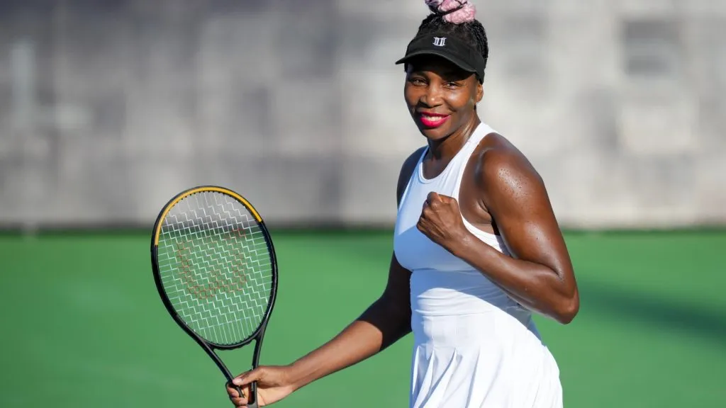 Venus Williams of the United States celebrates winning the match point against Veronika Kudermetova of Russia during their second-round match in 2023. (Source: Aaron Doster/Getty Images)