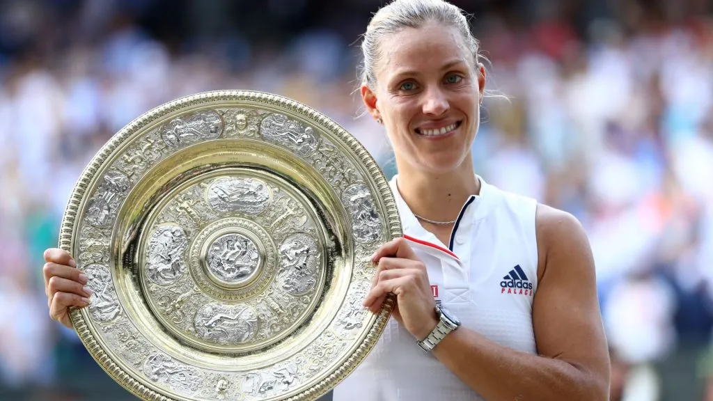 Angelique Kerber of Germany poses with the Venus Rosewater Dish after defeating Serena Williams of The United States in the Ladies’ Singles final in 2018. (Source: Michael Steele/Getty Images)