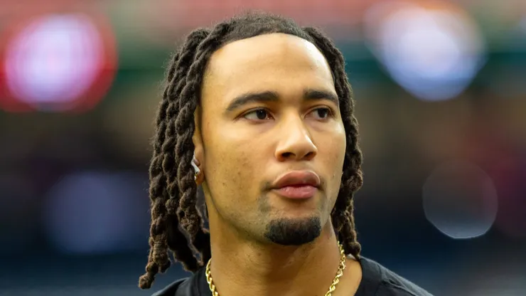 CJ Stroud warms up before the Houston Texans and Jacksonville Jaguars game at NRG Stadium in Houston.
