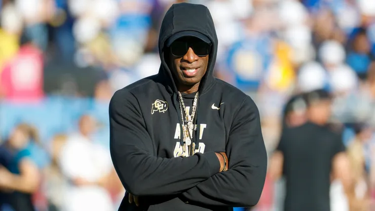 Colorado head coach Deion Coach Prime Sanders watches during a warm up before an NCAA, College League, USA college football game between the UCLA and the Colorado, Oct. 28, 2023, in Pasadena, Calif.