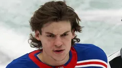 New York center Matt Rempe (73) is taken to the penalty box after elbowing Dallas defender Miro Heiskanen (4) during the National Hockey League game between the Dallas Stars and the New York Rangers played at the American Airlines Center on Friday December 20, 2024.