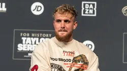 Jake Paul speaks during Weigh-in ceremony leading to Katie Taylor and Amanda Serrano fight at Hulu Theater at MSG