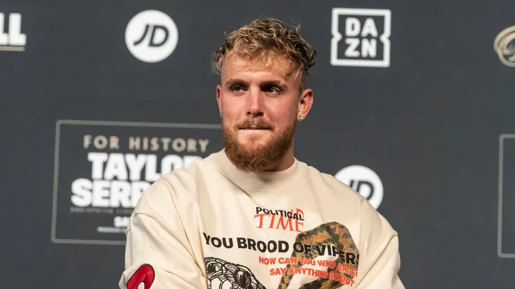 Jake Paul speaks during Weigh-in ceremony leading to Katie Taylor and Amanda Serrano fight at Hulu Theater at MSG