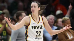 Indiana Fever star Caitlin Clark reacts during a WNBA match