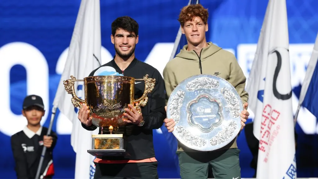 Champion Carlos Alcaraz of Spain and runner-up Jannik Sinner of Italy celebrate after the Men’s Singles Final match of the China Open. (IMAGO / VCG)