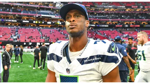 Seattle quarterback Geno Smith (7) reacts following then conclusion of the NFL, American Football Herren, USA game between the Seattle Seahawks and the Atlanta Falcons on October 20th, 2024 at Mercedes-Benz Stadium in Atlanta, GA.