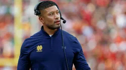 Notre Dame Fighting Irish head coach Marcus Freeman in action during the NCAA, College League, USA football game between the Notre Dame Fighting Irish and the USC Trojans at the Los Angeles Coliseum in Los Angeles, California.