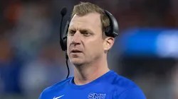 Southern Methodist Mustangs head coach Rhett Lashlee coaches from the sideline during the ACC Championship game between the Clemson Tigers and the SMU Mustangs at Bank of America Stadium in Charlotte, NC.