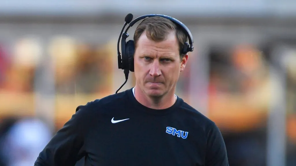 SMU Mustangs coach Rhett Lashlee walks along the sideline during the second quarter of a college football game against the Cal Golden Bears at Gerald J. Ford Stadium in Dallas, TX.