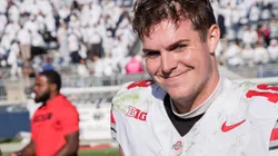 Ohio State Buckeyes quarterback Will Howard (18) smiles for a post game interview after winning the game between the Ohio State Buckeyes and Penn State Nittany Lions at Beaver Stadium, University Park, Pennsylvania.