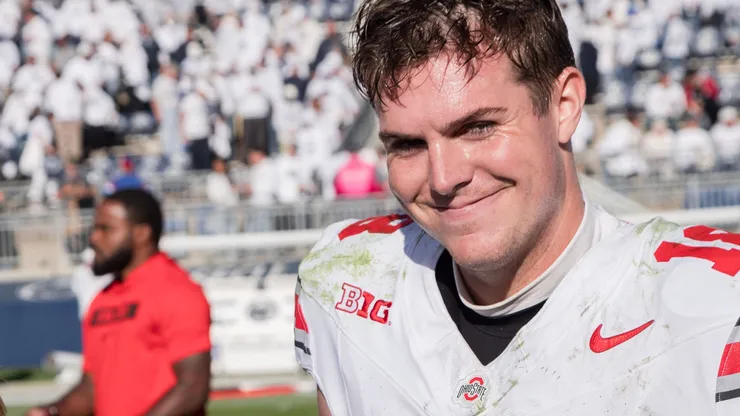 Ohio State Buckeyes quarterback Will Howard (18) smiles for a post game interview after winning the game between the Ohio State Buckeyes and Penn State Nittany Lions at Beaver Stadium, University Park, Pennsylvania.