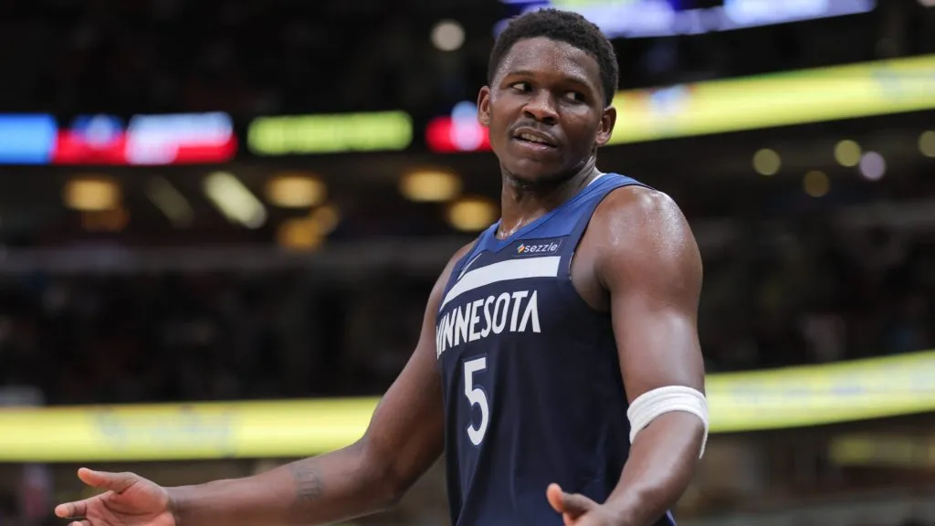 Minnesota Timberwolves guard Anthony Edwards (5) reacts to a call during the second half of a preseason game against the Chicago Bulls. (IMAGO / Icon Sportswire)
