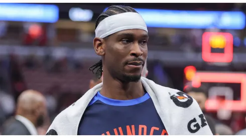 Oklahoma City Thunder guard Shai Gilgeous-Alexander (2) after a game against the Chicago Bulls on October 26, 2024 at the United Center in Chicago, Illinois.