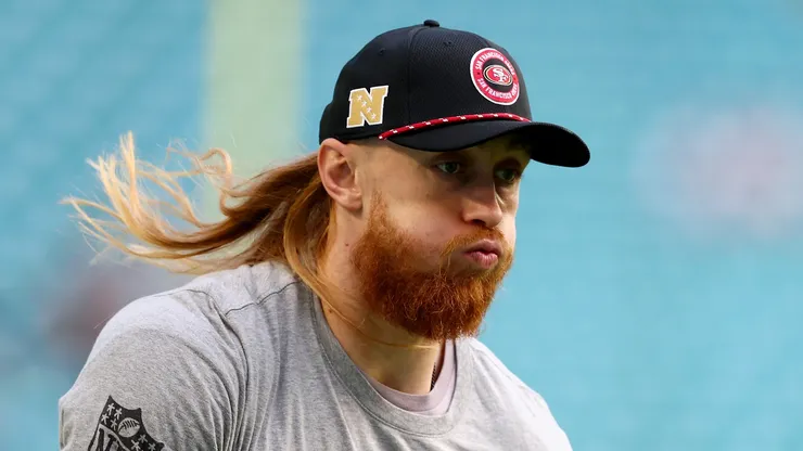 George Kittle #85 of the San Francisco 49ers warms up before playing the Miami Dolphins at Hard Rock Stadium on December 22, 2024 in Miami Gardens, Florida.