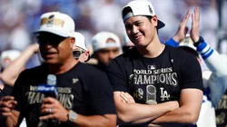 Shohei Ohtani #17 of the Los Angeles Dodgers looks on during the 2024 World Series Celebration Show at Dodger Stadium on November 01, 2024 in Los Angeles, California.