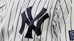 The logo of the New York Yankees on the uniform of first base coach Travis Chapman (#75) during a game against the Kansas City Royals at Yankee Stadium on July 21, 2023, in the Bronx borough of New York City.