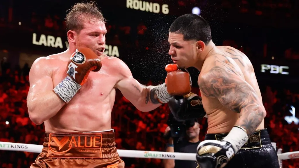 WBC/WBA/WBO super middleweight champion Canelo Alvarez punches Edgar Berlanga during the sixth round of a title fight at T-Mobile Arena on September 14, 2024 in Las Vegas, Nevada. (Photo by Steve Marcus/Getty Images)