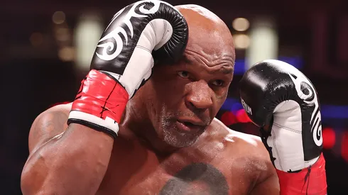 Mike Tyson in action against Jake Paul during LIVE On Netflix: Jake Paul vs. Mike Tyson at AT&T Stadium on November 15, 2024 in Arlington, Texas.