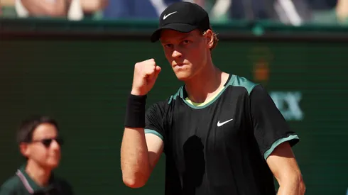 Jannik Sinner of Italy celebrates against Holger Rune of Denmark during the quarter-final match on day six of the Rolex Monte-Carlo Masters on April 12, 2024.