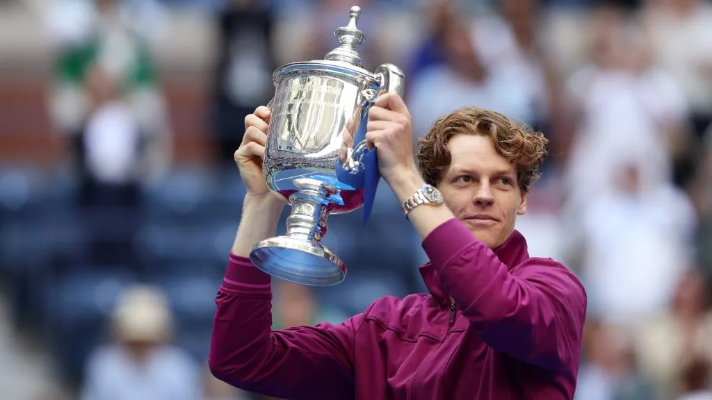Jannik Sinner celebrates with the winners trophy after defeating Taylor Fritz of the United States to win the Men’s Singles Final on Day Fourteen of the 2024 US Open. (Source: Matthew Stockman/Getty Images)