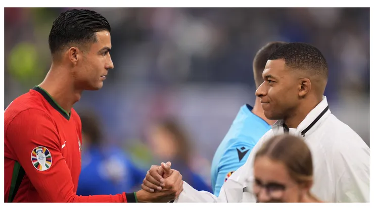 Portugal s Cristiano Ronaldo greets Kylian Mbappe of France during a quarterfinal match between Portugal and France at the Euro 2024 soccer tournament in Hamburg, Germany