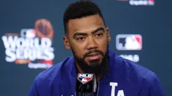 Teoscar Hernández #37 of the Los Angeles Dodgers speaks to the media during a press conference prior to playing the New York Yankees during Game Five of the 2024 World Series at Yankee Stadium on October 30, 2024 in New York City.