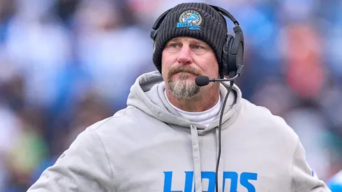 Head coach Dan Campbell of the Detroit Lions looks on in action during a game between the Detroit Lions and the Chicago Bears on December 22, 2024 at Soldier Field in Chicago, IL.