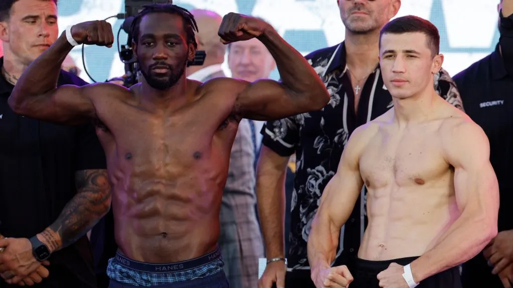 Terence Crawford (L), a welterweight undisputed champion, and Israel Madrimov, the WBA junior middleweight champ, poses after their official weigh-in at LA Live on August 2, 2024 in Los Angeles, California. Crawford and Madrimov will fight for the super-welterweight title on Saturday, August 3, 2024 at BMO Stadium in Los Angeles, California. (Photo by Kevork Djansezian/Getty Images)