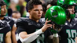 Oregon Ducks quarterback Dillon Gabriel (8) warming up before the NCAA, College League, USA Big Ten Championship football game between the Penn State Nittany Lions and the Oregon Ducks at Lucas Oil Stadium in Indianapolis, Indiana.