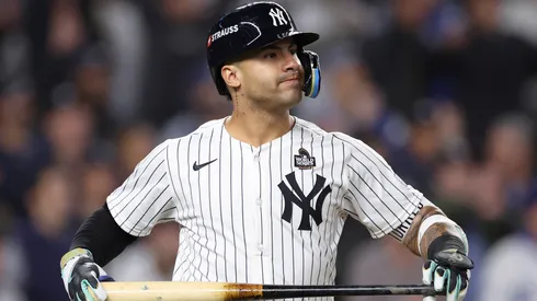 Gleyber Torres #25 of the New York Yankees reacts after hitting a three-run home run during the eighth inning of Game Four of the 2024 World Series against the Los Angeles Dodgers at Yankee Stadium on October 29, 2024 in the Bronx borough of New York City.