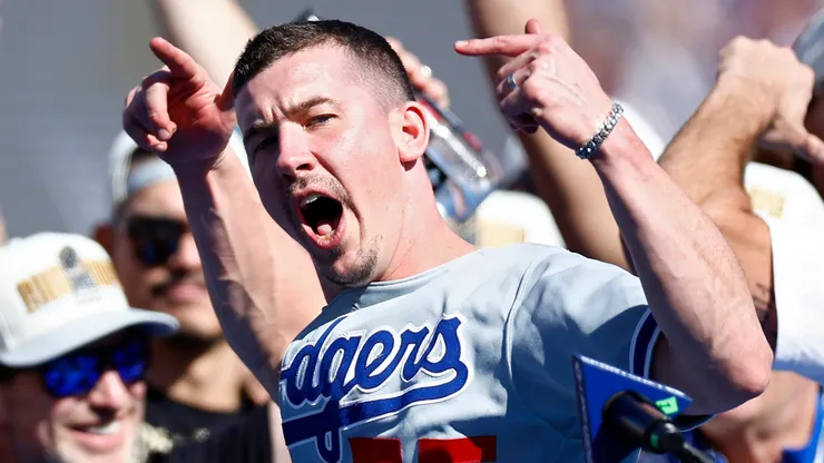 Walker Buehler #21 of the Los Angeles Dodgers celebrates during the 2024 World Series Celebration Show at Dodger Stadium on November 01, 2024 in Los Angeles, California.