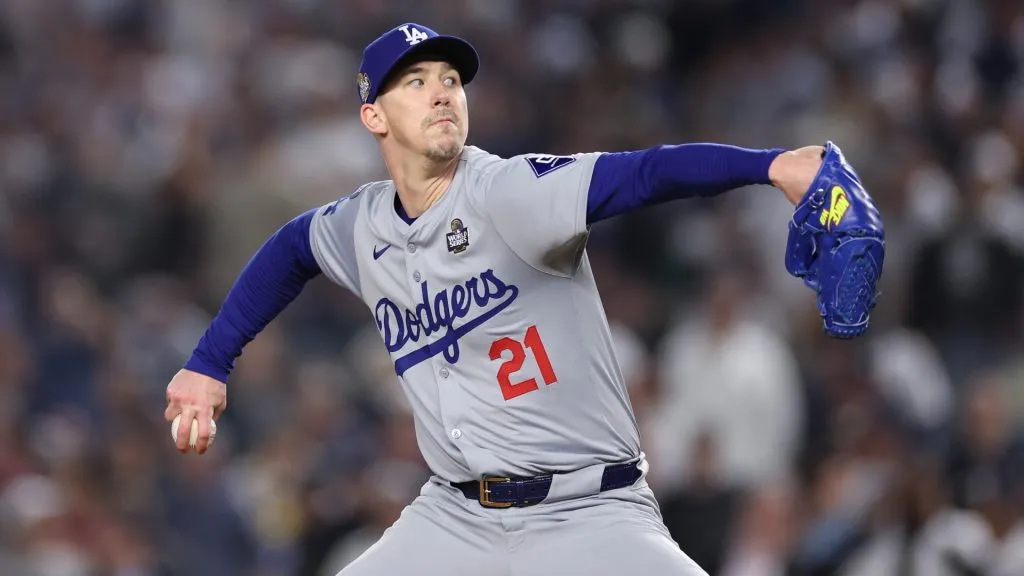 Walker Buehler #21 of the Los Angeles Dodgers pitches during the ninth inning of Game Five of the 2024 World Series against the New York Yankees at Yankee Stadium on October 30, 2024 in the Bronx borough of New York City. (Photo by Sarah Stier/Getty Images)