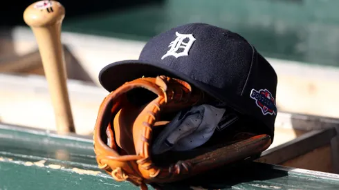 A detail of a Detroit Tigers hat with an official postseason logo is seen on the bat rack in the udgout againstthe New York Yankees during game four of the American League Championship Series at Comerica Park.