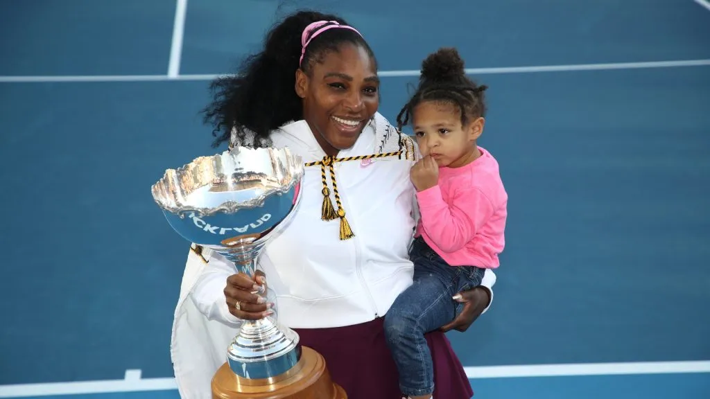 Serena Williams holds her daughter Alexis Olympia with the trophy following the Women’s Final between Serena Williams and Jessica Pegula of the USA on day seven of the 2020 Women’s ASB Classic. (Source: Phil Walter/Getty Images)