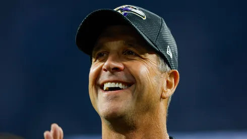 Baltimore Ravens head coach John Harbaugh smiles after a game.