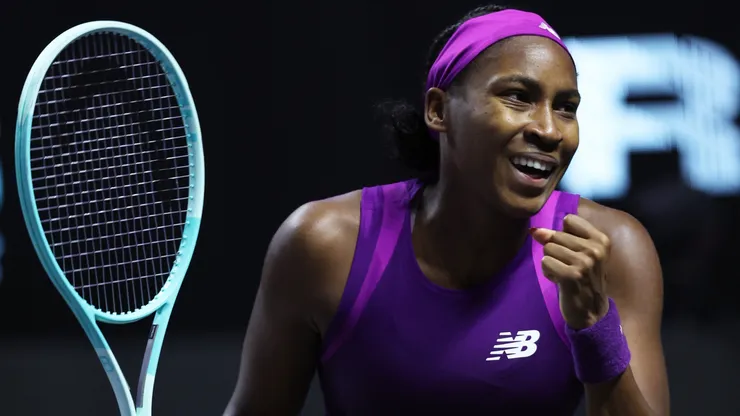 Coco Gauff celebrates match point against Iga Swiatek of Poland in their round robin singles match during Day 4 of the 2024 WTA Finals Riyadh.